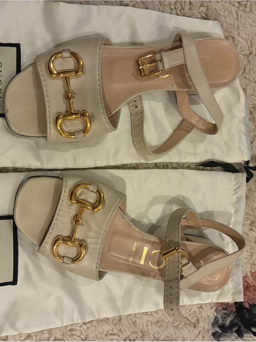 GUCCI Women’s MYSTIC white leather Ankle-Strap Sandals with Gold Hardware